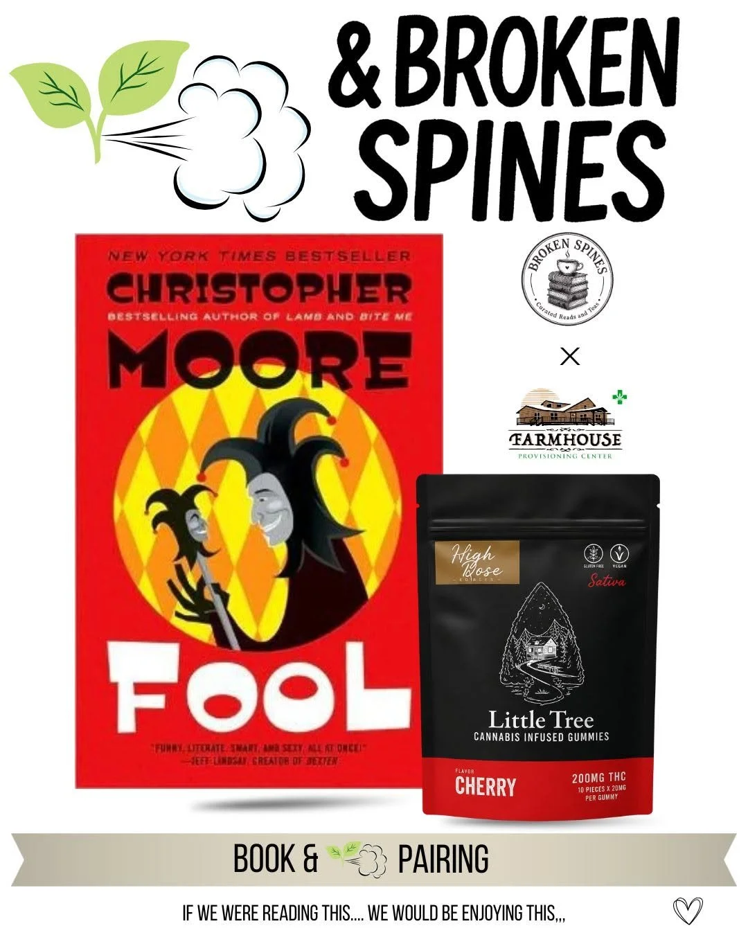 Book cover of 'Fool' by Christopher Moore featuring a jester mask illustration, a bag of Little Tree Cherry cannabis gummies with THC content, and logos of Broke Spines and Farmhouse Provisioning Center.