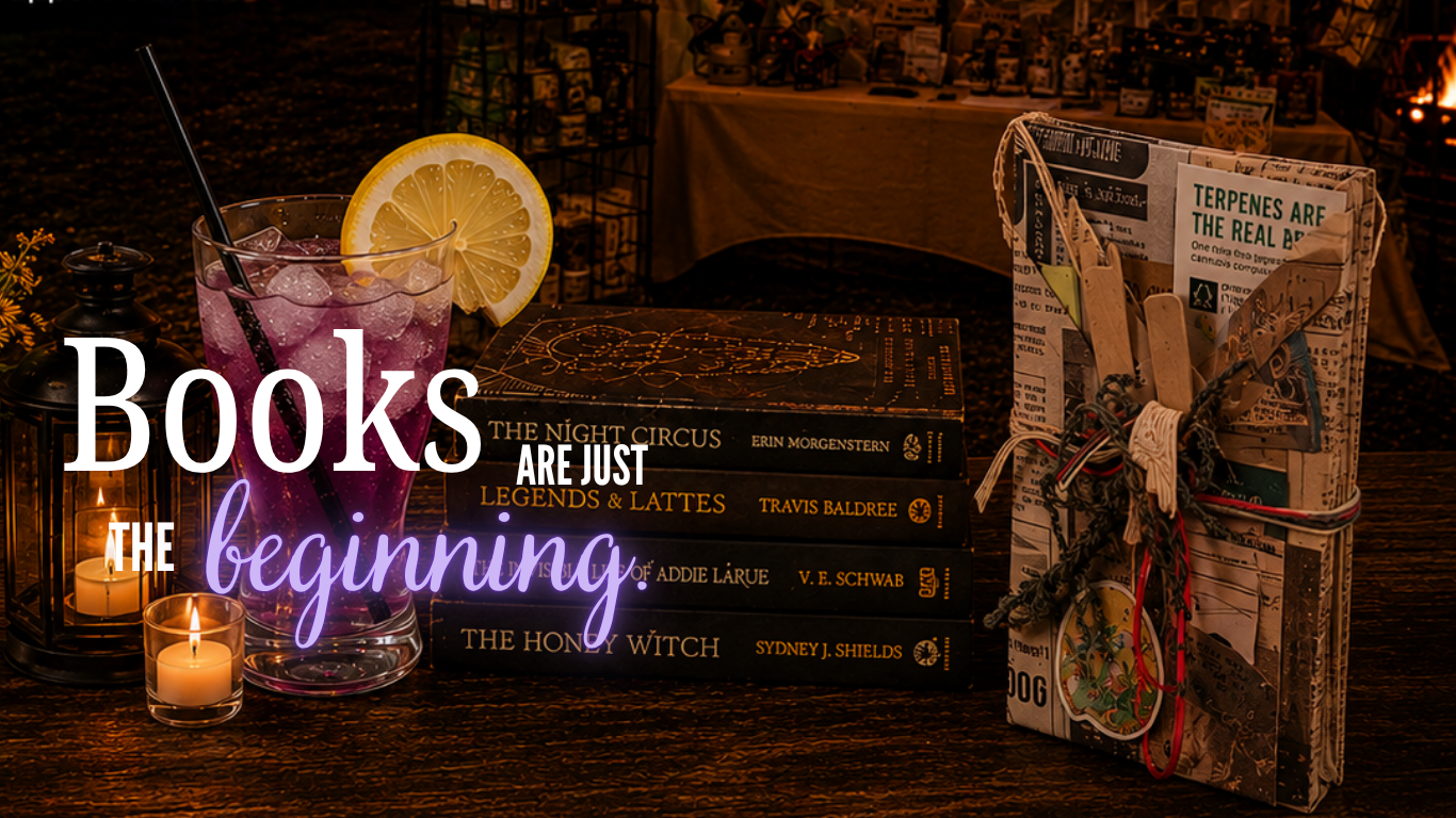 A table with a stack of five books, a glass with a lemon wedge and pink drink, candles, and wrapped books, lit by warm candlelight.
