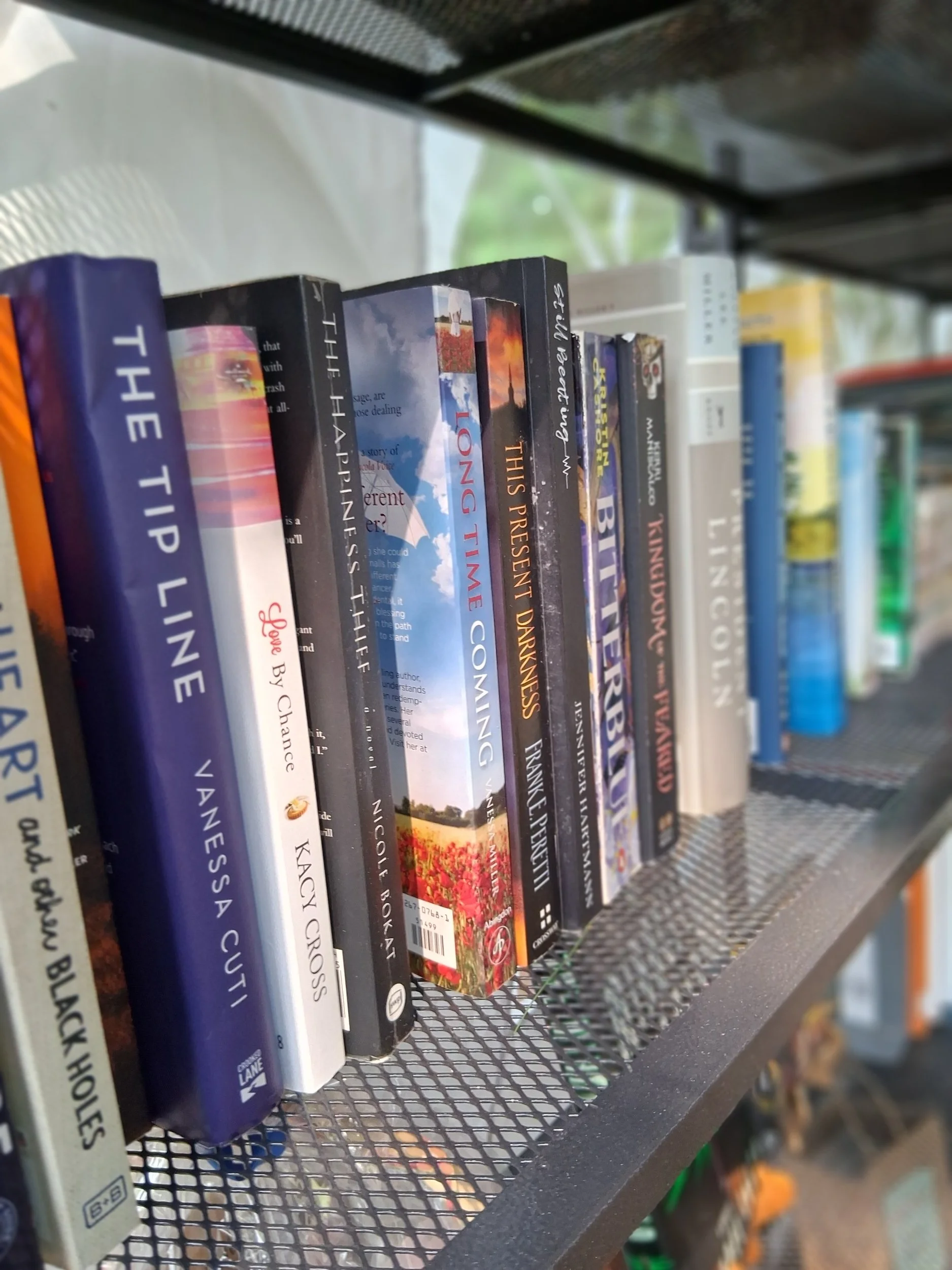 Books on a metal shelf, with titles including "The Tip Line," "The Happiness Trap," "Time for Healing," "Darkness Bright," and other titles, seen from an angle with a blurred outdoor background.