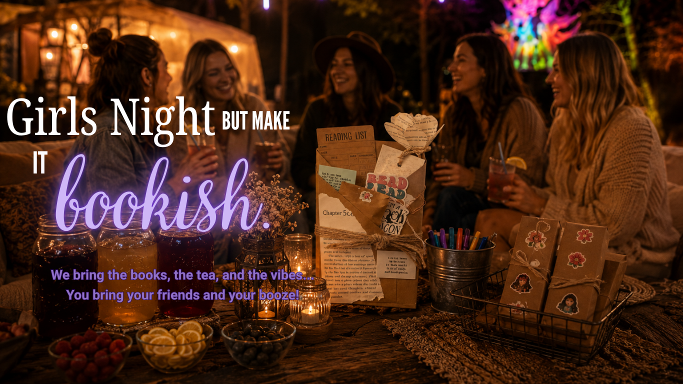A group of five women sitting together at night, smiling and enjoying drinks, surrounded by lit candles, jars of drinks, snacks, and gift bags, with colorful illuminated decorations in the background.
