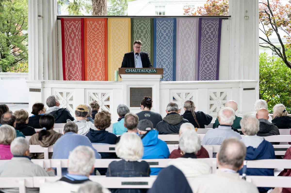 Daniel Joslyn-Siemiatkoski speaking at the Chautauqua Institute.