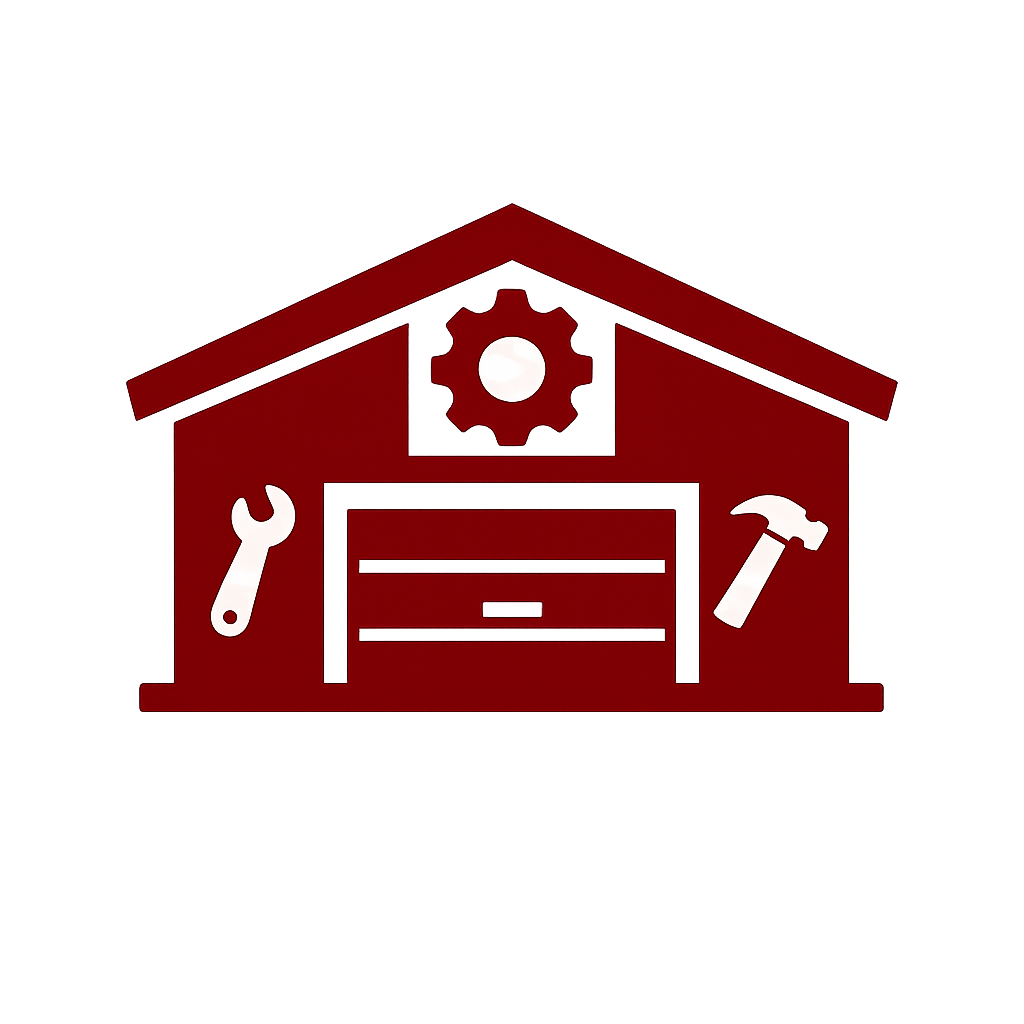 Red outline of a garage with tools, including a wrench and hammer, and a gear above the garage door.