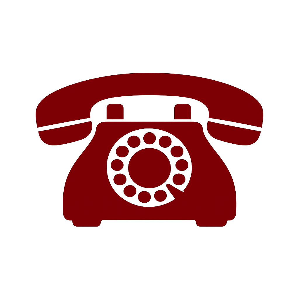 Red vintage rotary telephone icon on a black background.