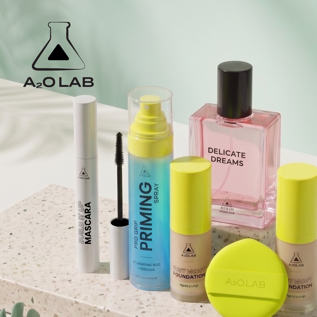 styled shot of a variety of A2O Lab cosmetics, alongside, the A2O Lab logo