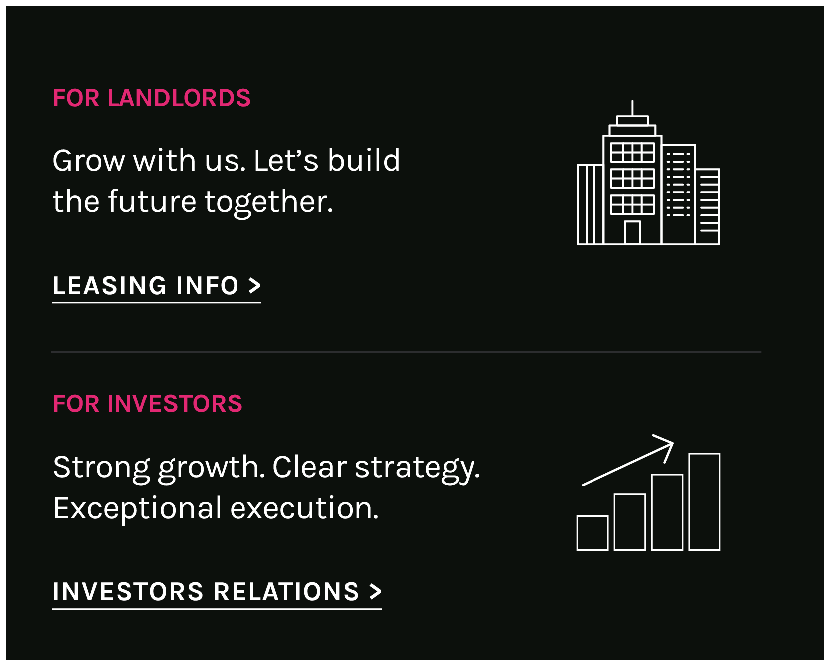 A banner with text that reads "FOR LANDLORDS Grow with us. Let's build the future together." and text that reads "For investors. Strong growth. Clear strategy. Exceptional execution." alongside a "learn more" button"