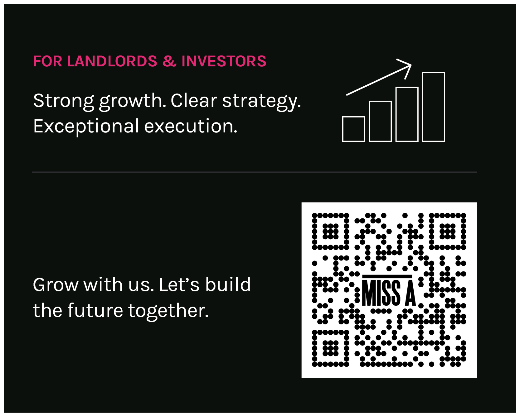 link to company video and text that reads "For landlords & Investors. Strong growth. Clear strategy. Exceptional execution. Grow with us. Let’s build the future together."