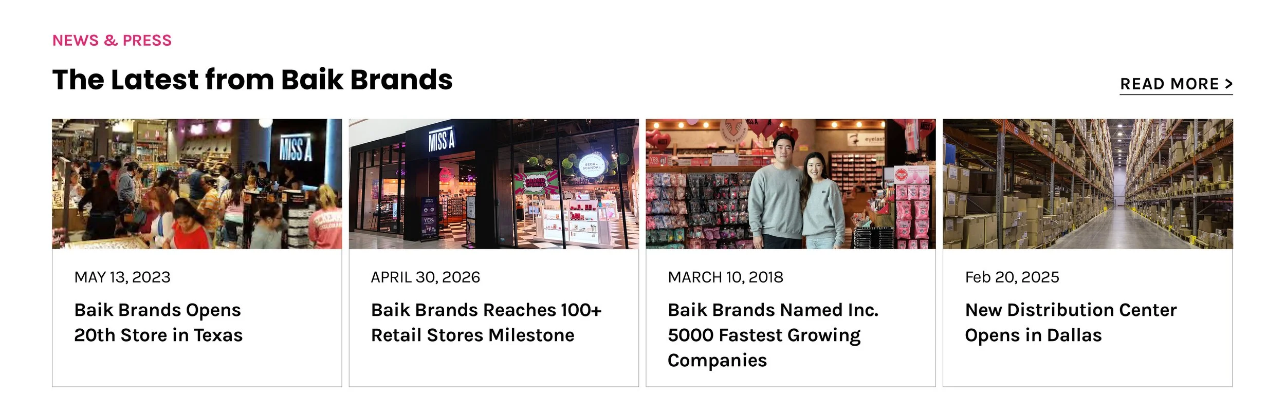A banner that reads "News & Press. The latest from Baik Brands" and a few images of articles, alongside a "Newsroom" button