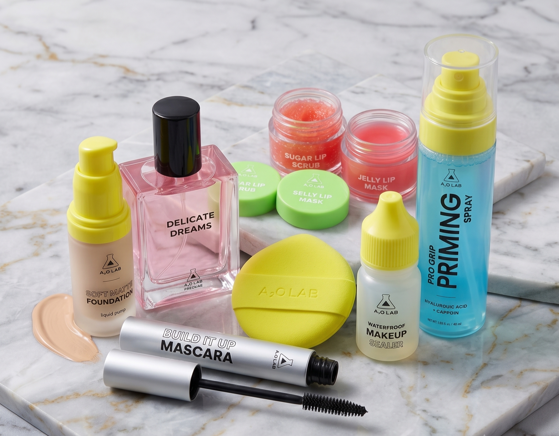 a styled image of a variety of A2O Lab cosmetics