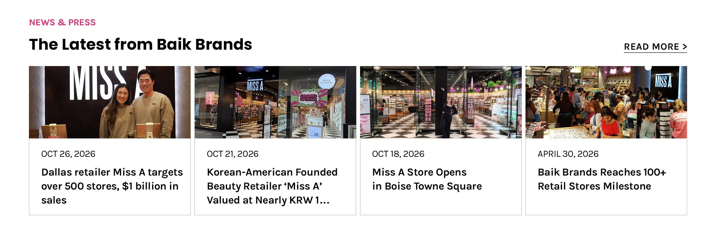 A banner that reads "News & Press. The latest from Baik Brands" and a few images of articles, alongside a "Newsroom" button