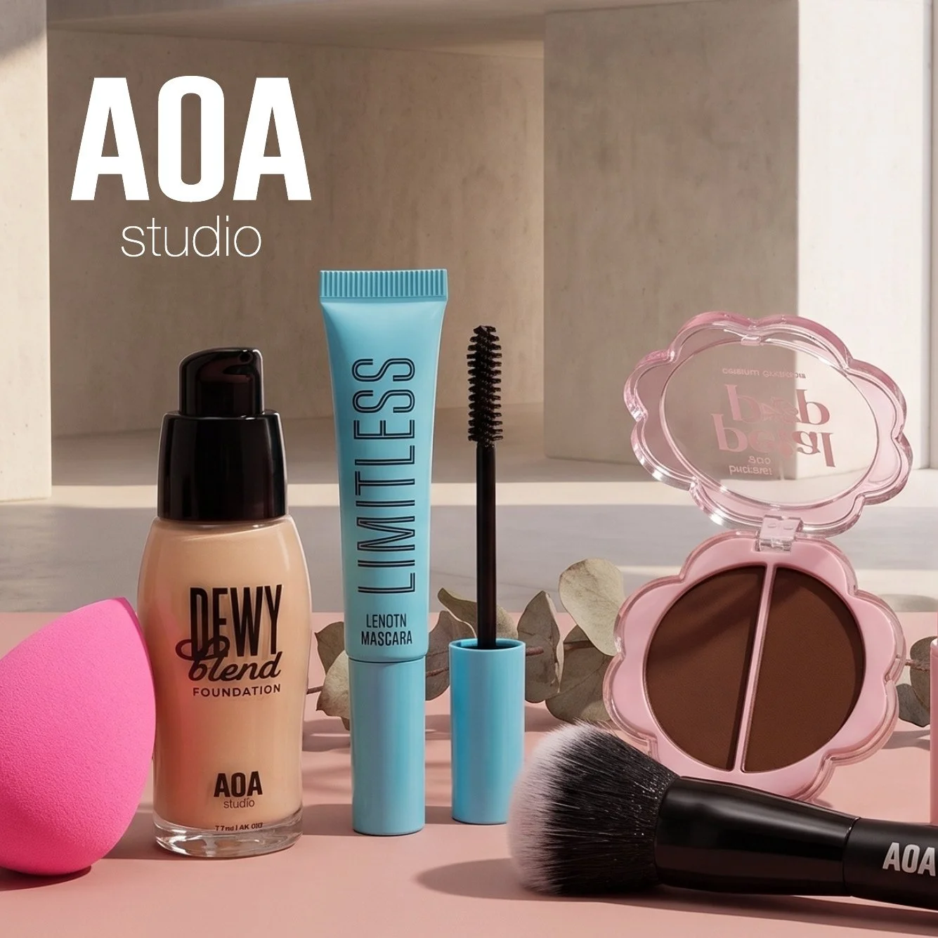 Styled image of a variety of AOA Studio makeup and tools, alongside, the AOA Studio logo