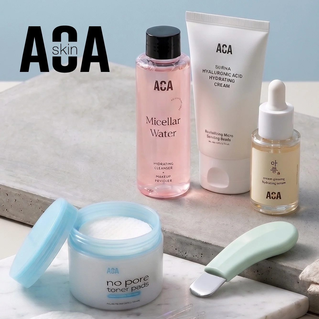 A styled image of a variety of AOA Skin skincare products, alongside, the AOA Skin logo