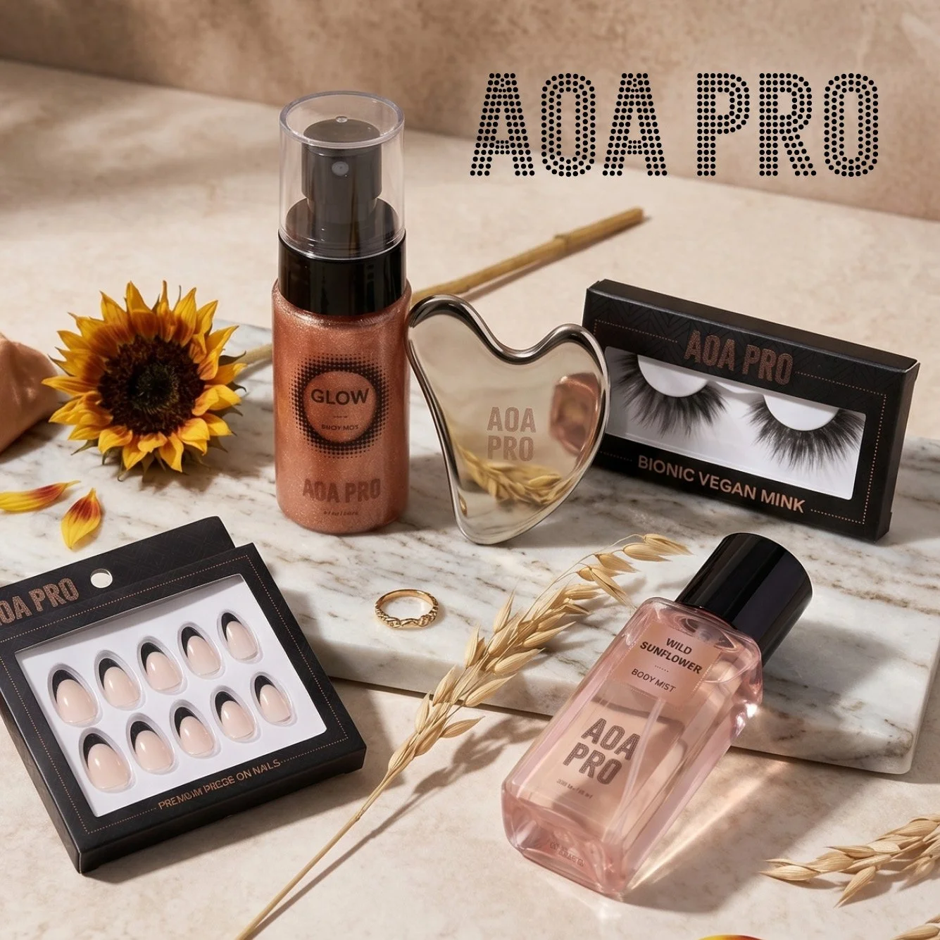 A styled image of a variety of AOA Pro tools and cosmetics, alongside, the AOA Pro logo