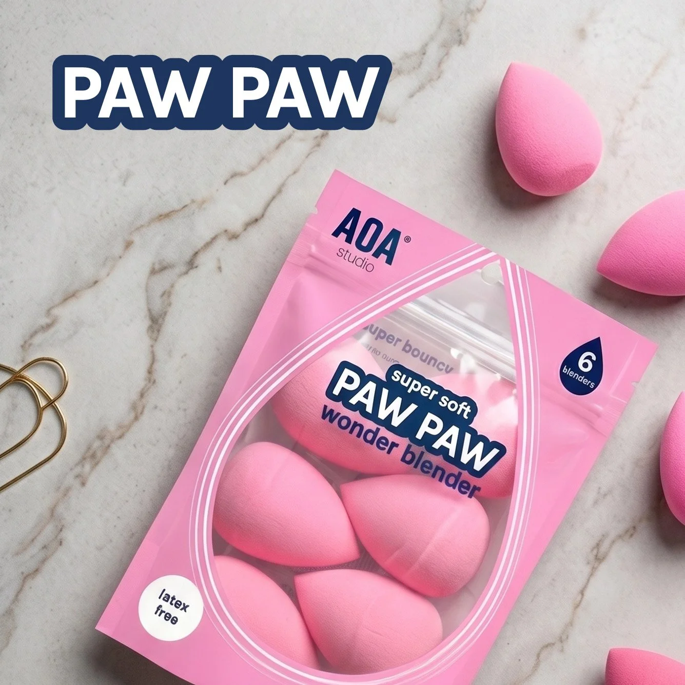 A style image of the Super Soft Paw Paw Wonder Blender 6-pack, alongside, the Paw Paw logo