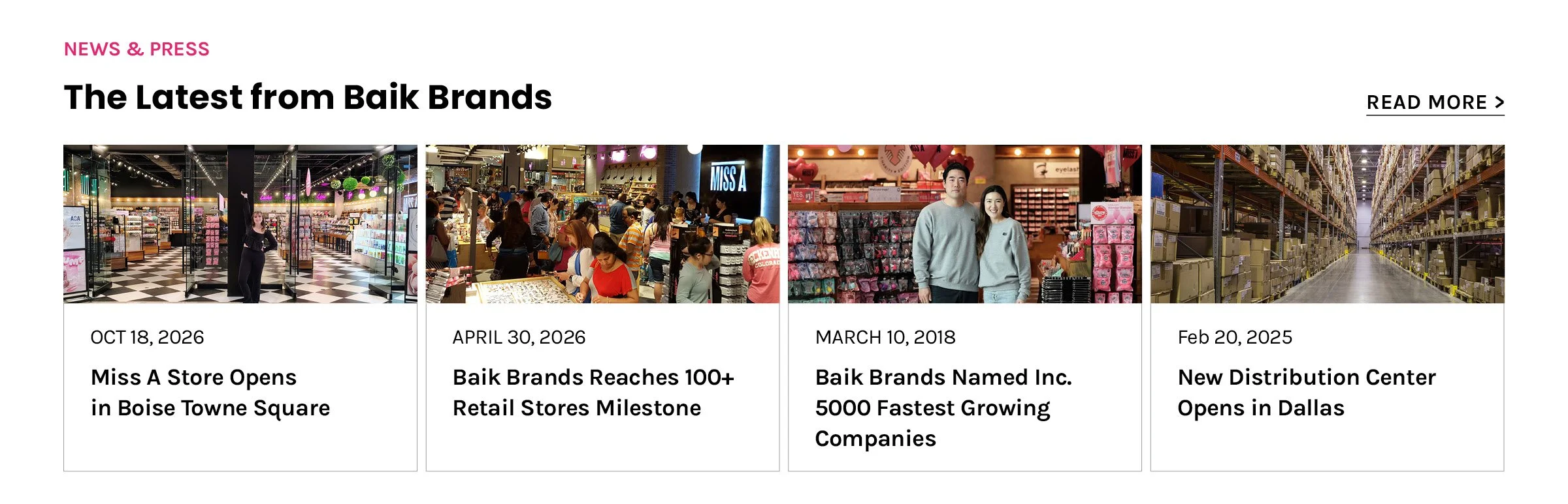 A banner that reads "News & Press. The latest from Baik Brands" and a few images of articles, alongside a "Newsroom" button