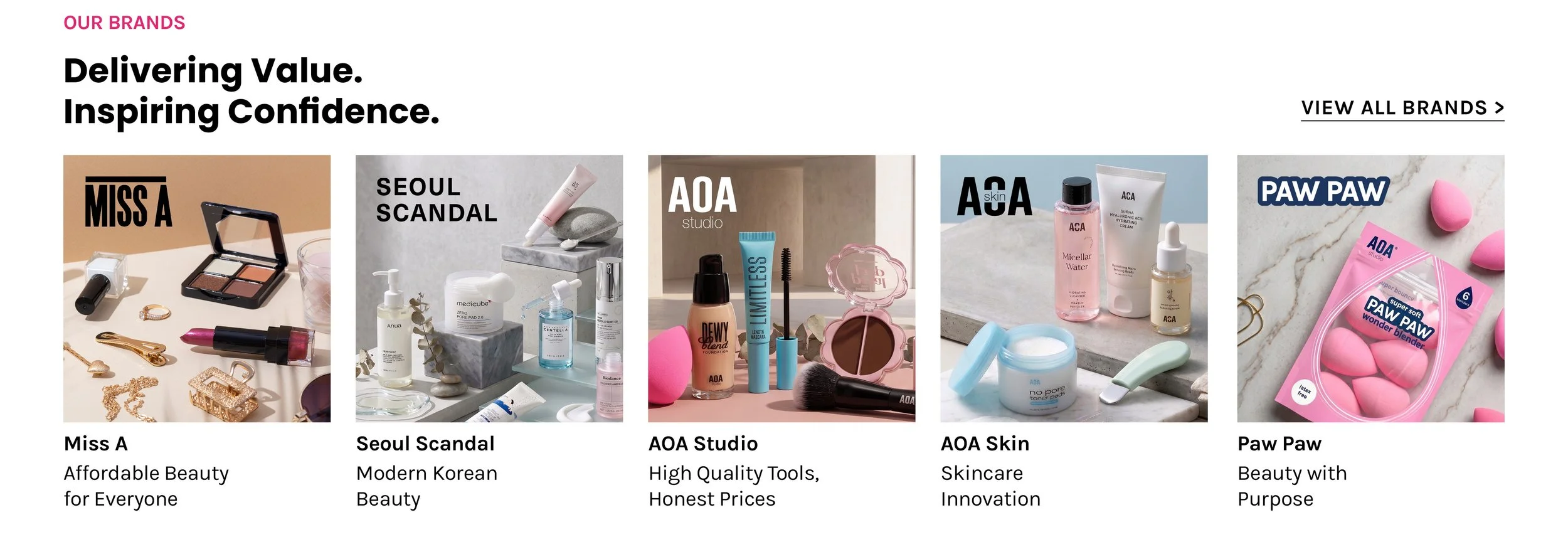 images that shows some of Baik Brands' brands including: Miss A, Seoul Scandal, AOA Studio, AOA Skin and Paw Paw. With a headline that reads "Delivering Value. Inspiring Confidence." and a "View All Brands" button.