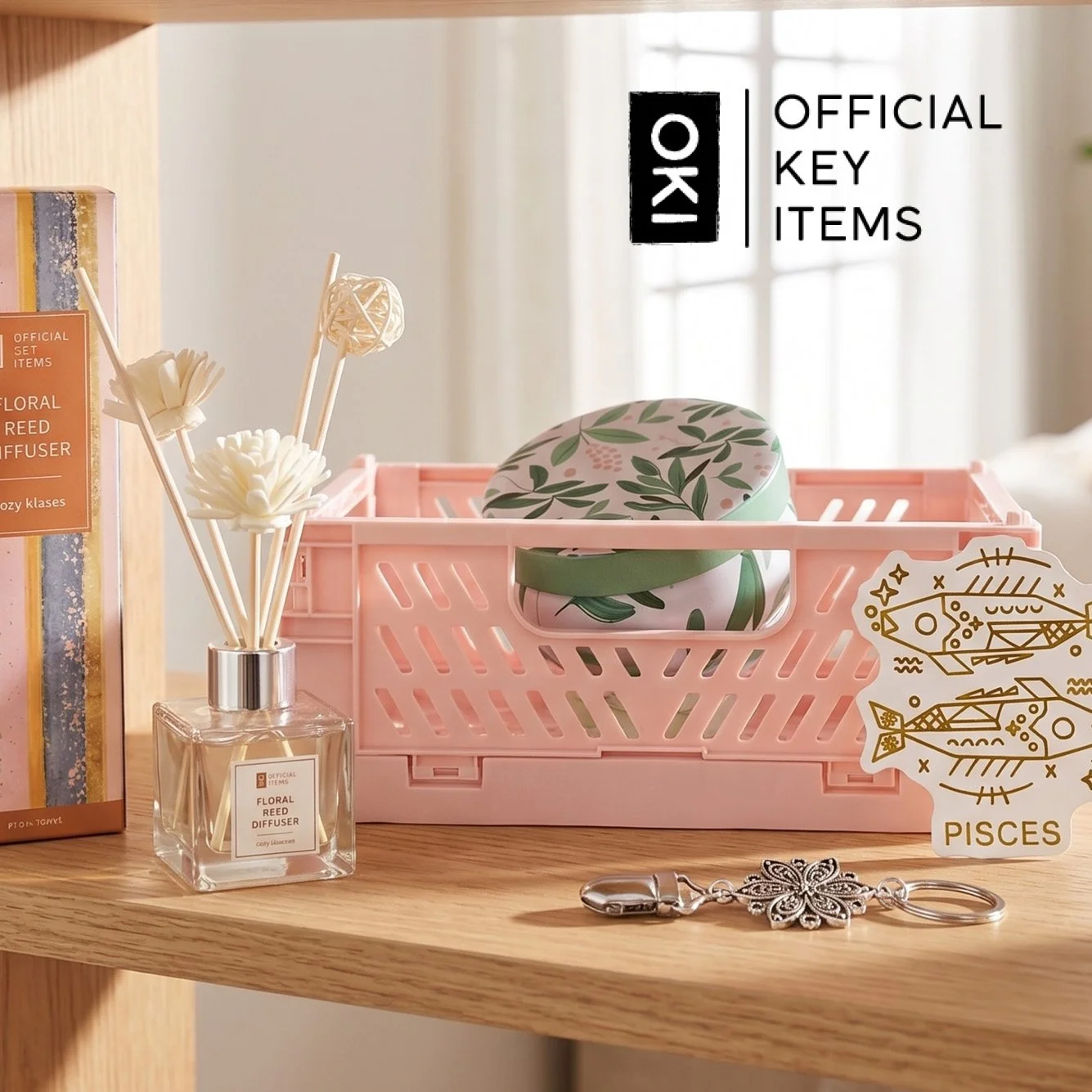 A styled image of a variety of OKI product, alongside, the Official Key items logo