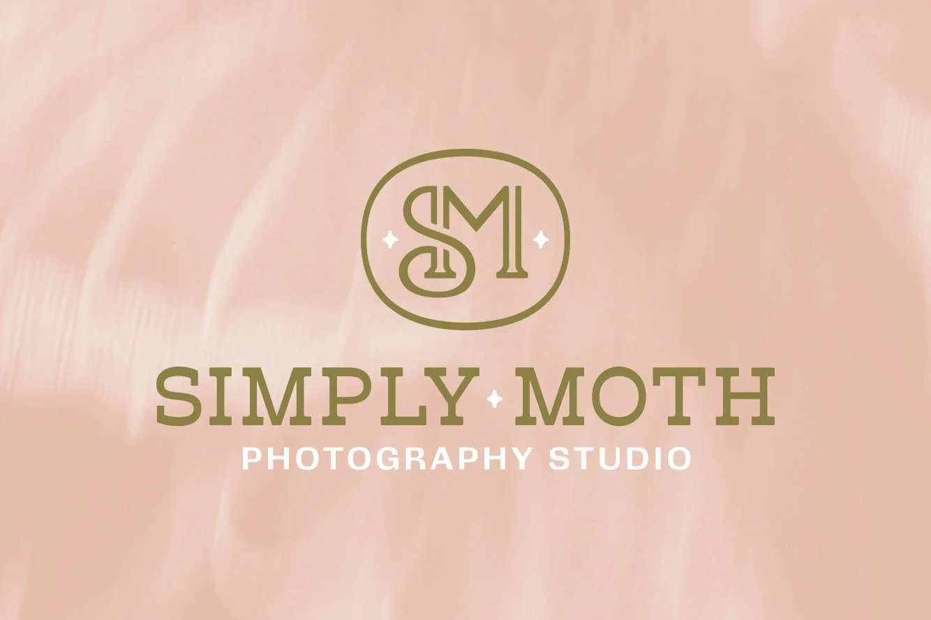 Logo for Simply Moth Photography Studio on a light pink, textured background.