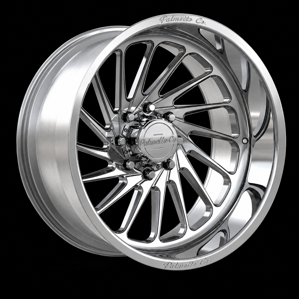 A shiny, silver multi-spoke car wheel rim with a center cap branded 'Palmetto Co' and detailed lug nuts, set against a black background.