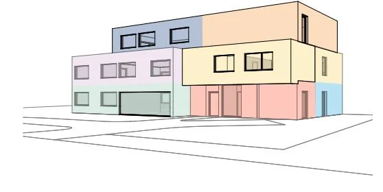 Illustration of a modern, multi-colored apartment building with three floors, featuring various windows and a garage on the ground floor.