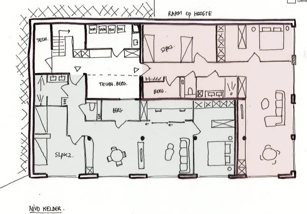 Hand-drawn floor plan of a house with labeled rooms including storage, bedrooms, bathrooms, kitchen, living room, and other spaces.