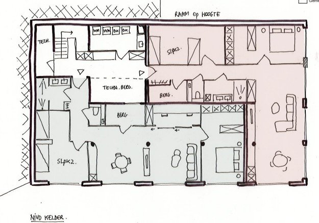 Hand-drawn floor plan of a house with labeled rooms including a porch, kitchen, bedrooms, living room, and terrace, with furniture and appliances sketched inside.