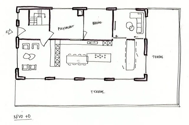 Sketch of a house floor plan with living room, porch, bedroom, patio, and terraces.