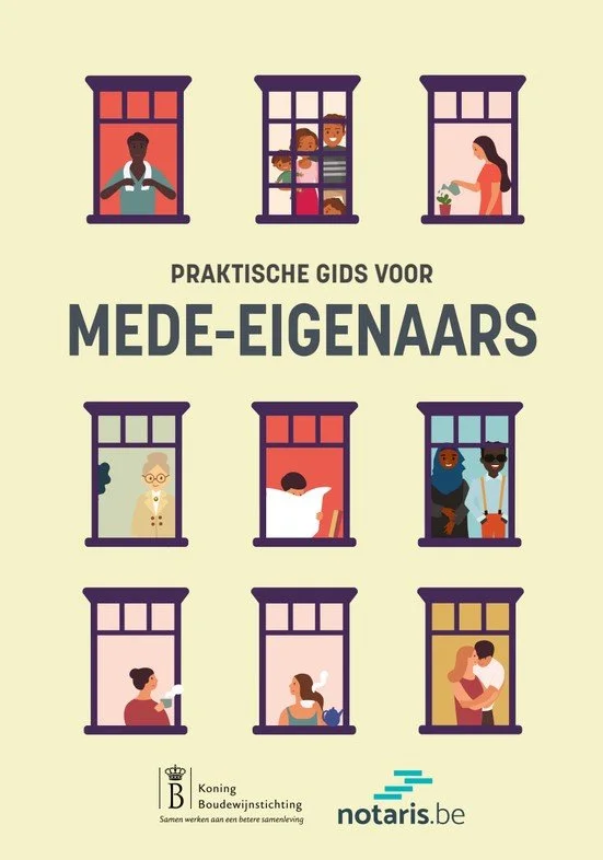 Illustration of nine diverse people looking out windows, with text in Dutch that reads 'Praktische Gids voor Mede-Eigenars,' which translates to 'Practical Guide for Co-Owners.' Includes logos for Koning Boudewijnstichting and notaris.be.
