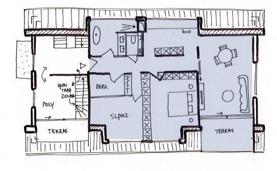 Hand-drawn floor plan of a house featuring an upper level with bedrooms, bathrooms, a deck, and terraces, indicating doorways and interior arrangements.