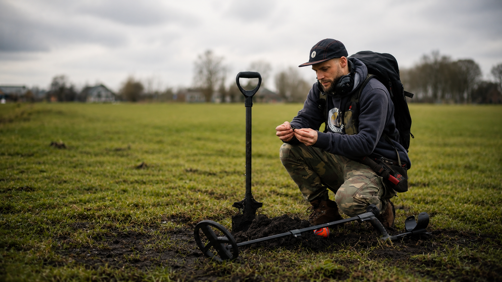 A man crouching in a grassy field with a metal detector, wearing a dark hoodie, camouflage pants, a black cap, and a backpack, searching for buried items on a cloudy day.