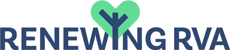 Logo with a green heart forming a tree with a dark blue trunk, and the text 'Renewing RVA' in blue.