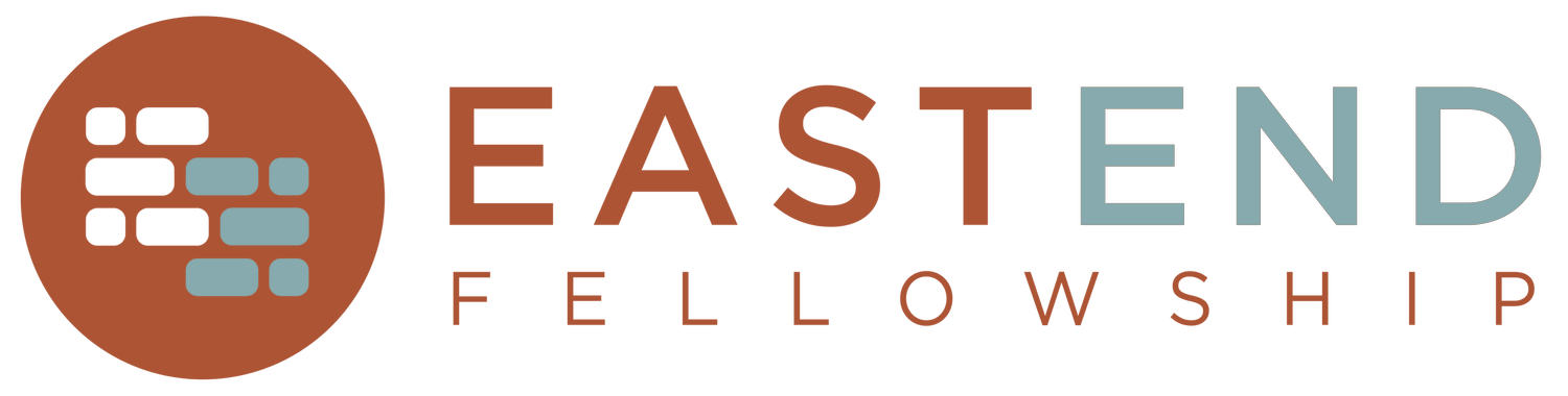 Logo for Eastern Fellowship featuring a circular emblem with stacked horizontal lines resembling bricks in brown and gray, and the text "EAST END FELLOWSHIP" with "EAST END" in uppercase brown and gray, and "FELLOWSHIP" in smaller uppercase brown letters.