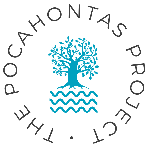 Blue tree with roots and waves, encircled by the text 'The Pocahontas Project' in gray.