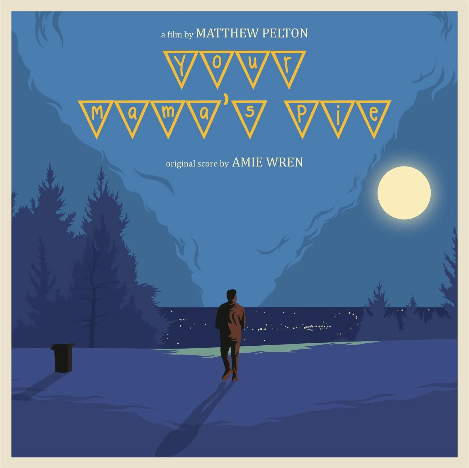 Illustration of a person walking near a lake under a full moon at night, with trees and mountains in the background, and the words 'Your Mama's Pie' in yellow on blue banner flags at the top.