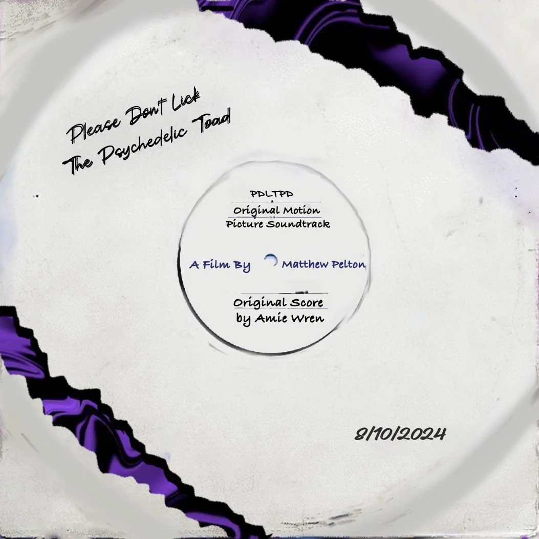 Image of a white circular object with handwritten text that reads, 'Please Don't Lick The Pitchedelic Toad' at the top, and credits for a film by Matthew Pelton and original score by Amie Wren in the center, with the date 8/10/2024 at the bottom right. The edges of the object have purple and black torn paper decorations.