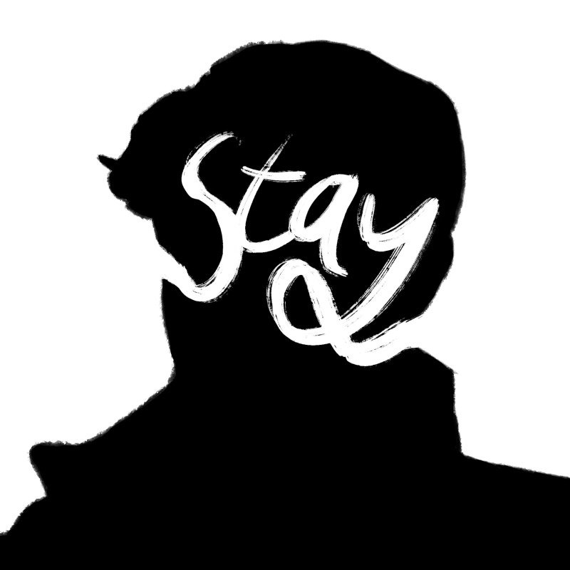 Silhouette of a person's head with the word 'Stay' written across the face in white brushstroke style.