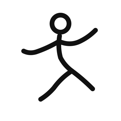 Simplified outline of a human figure with arms outstretched and one leg lifted, depicted in black.