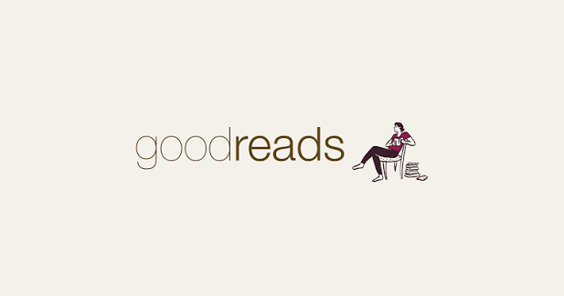 Logo with the words "goodreads" and a drawing of a person reading a book while sitting in a chair with a stack of books beside them.