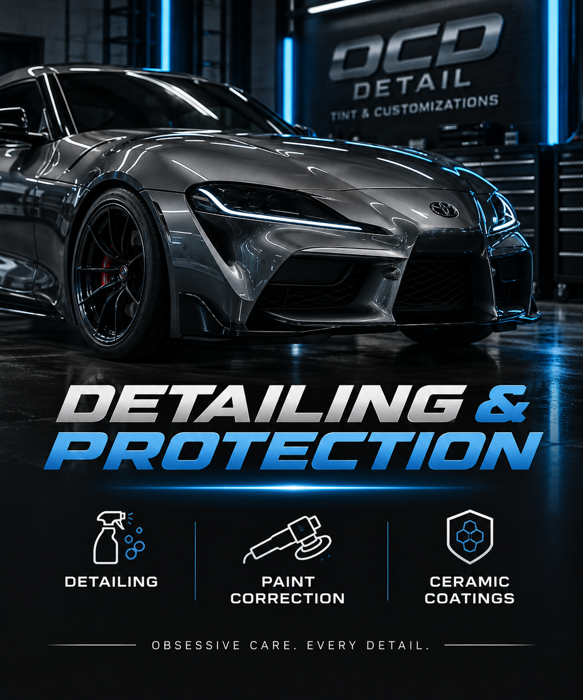A sleek gray sports car with black wheels is inside a detailing shop. There is a sign in the background that reads 'OCD Detail Tint & Customizations'. The image promotes car detailing and protection services, highlighting features like detailing, paint correction, and ceramic coatings.