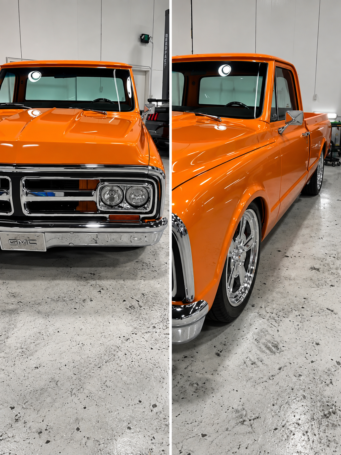 A split view of an orange vintage GMC pickup truck inside a garage, showing the front view with the hood, grille, and headlights on the left, and a side view highlighting the wheel and body on the right.