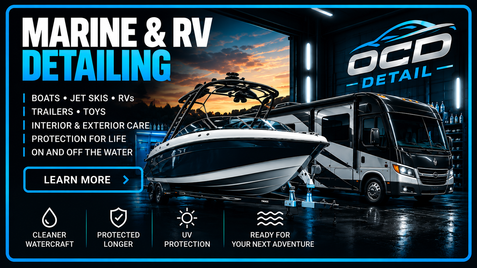 Advertisement for marine and RV detailing services featuring a boat on a trailer and a motorhome inside a garage, with a sunset outside and highlighted text about cleaning, protection, and UV protection.