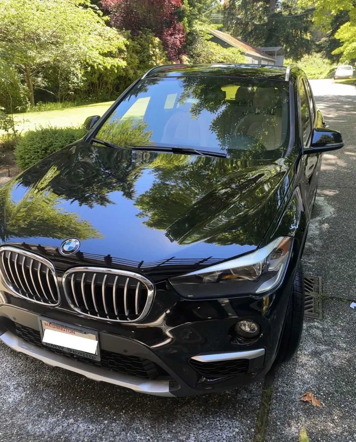 A shiny black BMW suv parked on a residential street with trees and greenery reflected on its front hood and windshield.