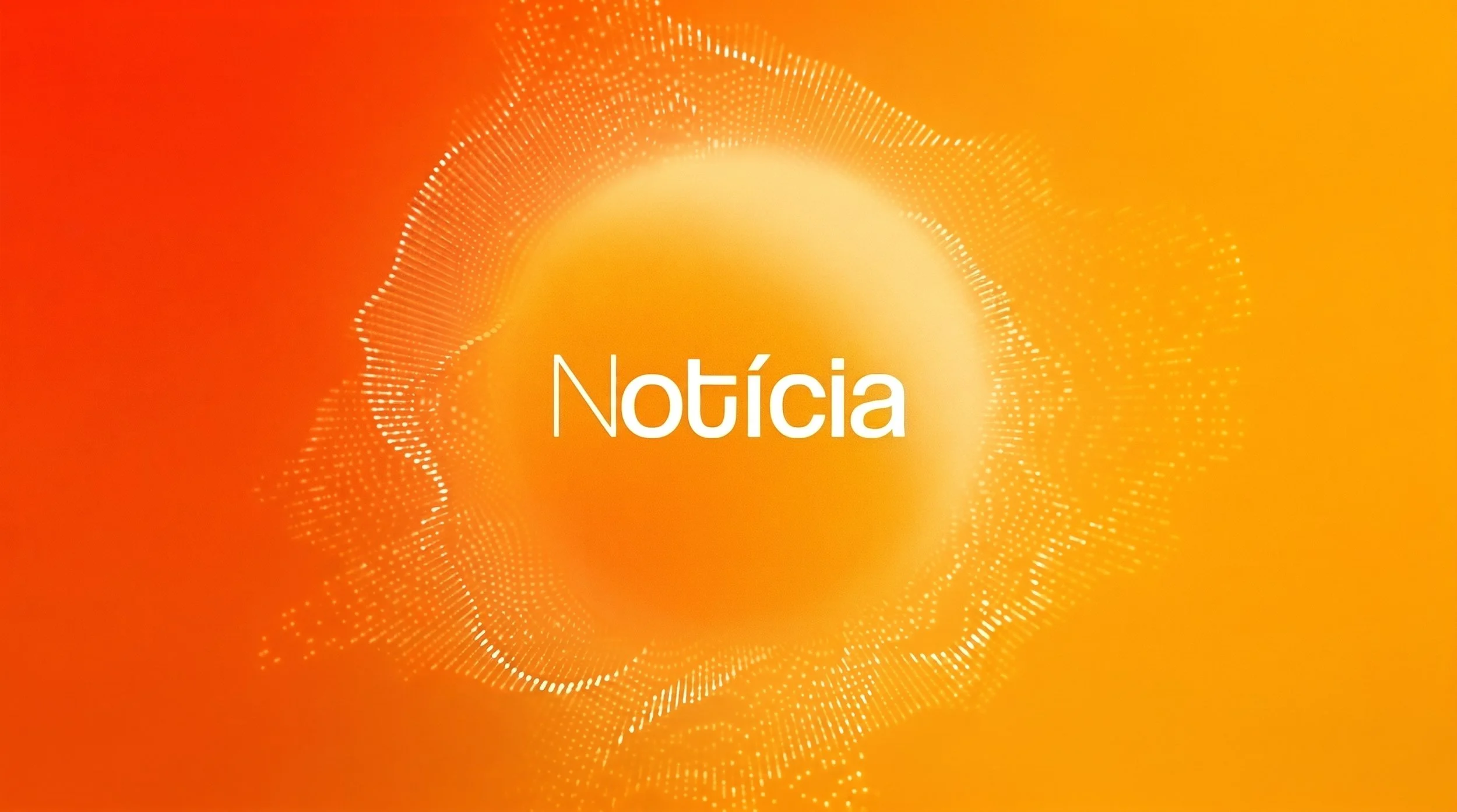 Tela com fundo laranja com efeito de pontos brancos formando um círculo, e a palavra 'Notícia' no centro.