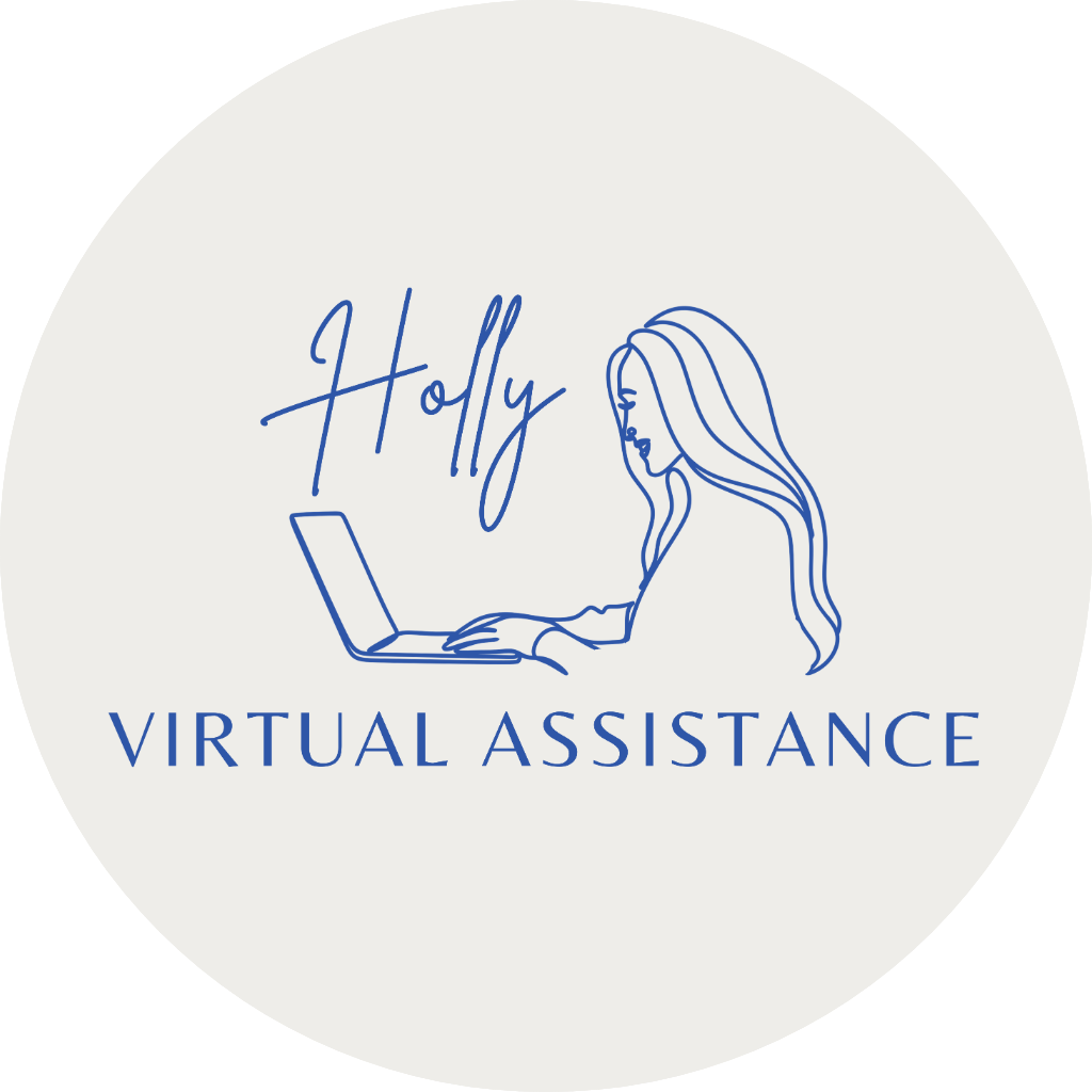 Logo with a line drawing of a woman with long hair using a laptop, the words "Holy" in script, and "VIRTUAL ASSISTANCE" in uppercase letters.