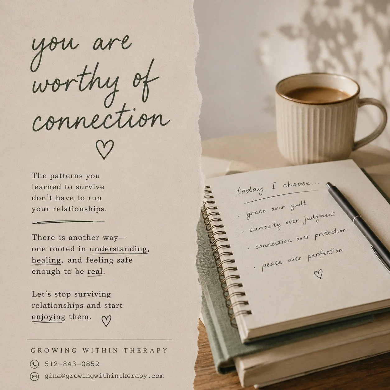Hi, I'm Gina. 👋

I help adults untangle attachment wounds, understand their nervous system, and build relationships that feel safer, calmer, and more connected.

Because you deserve more than just getting through your relationships.

You deserve to 