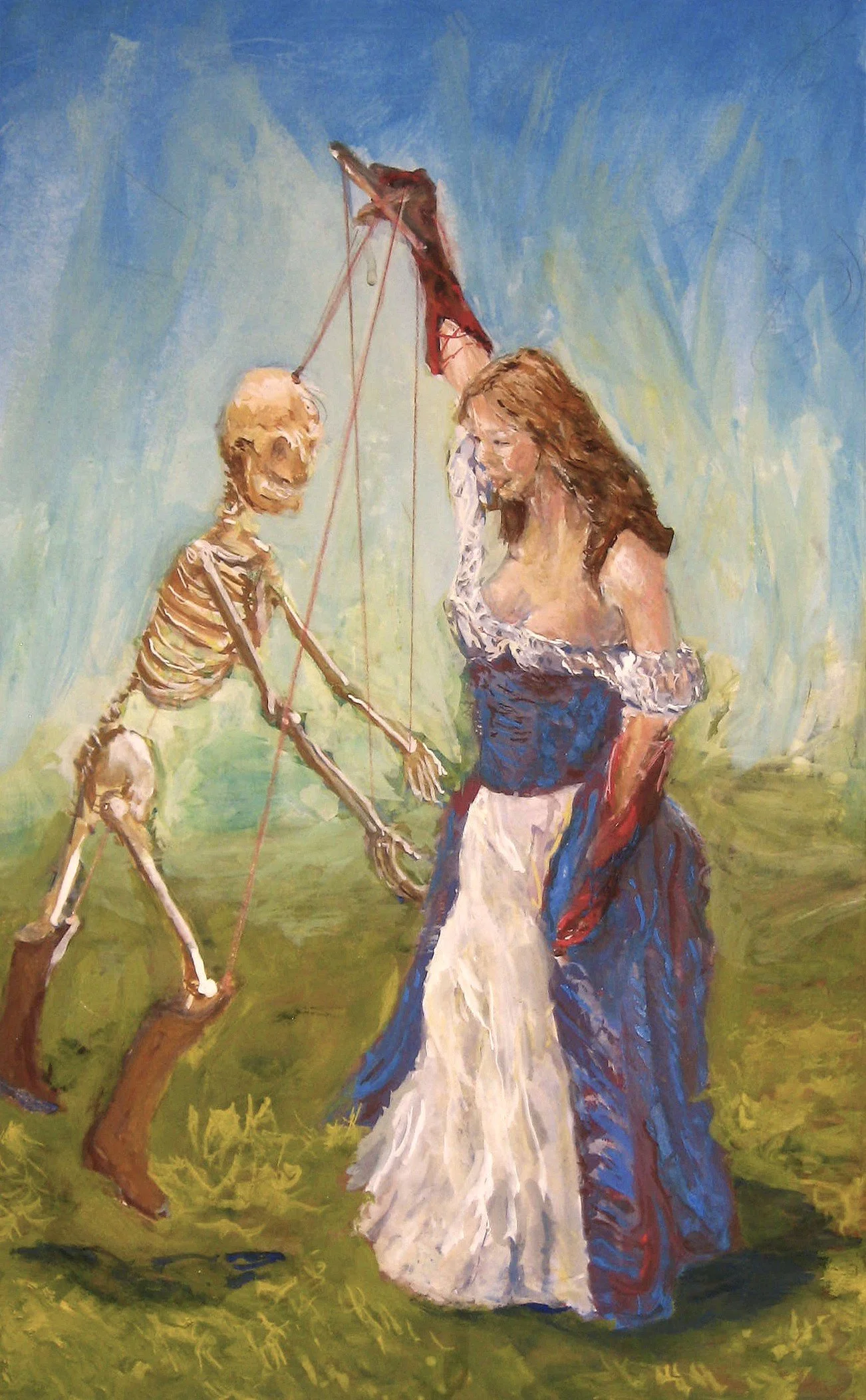 SAVE YOUR LAST DANCE. Woman making a skeleton puppet dance. Gouache