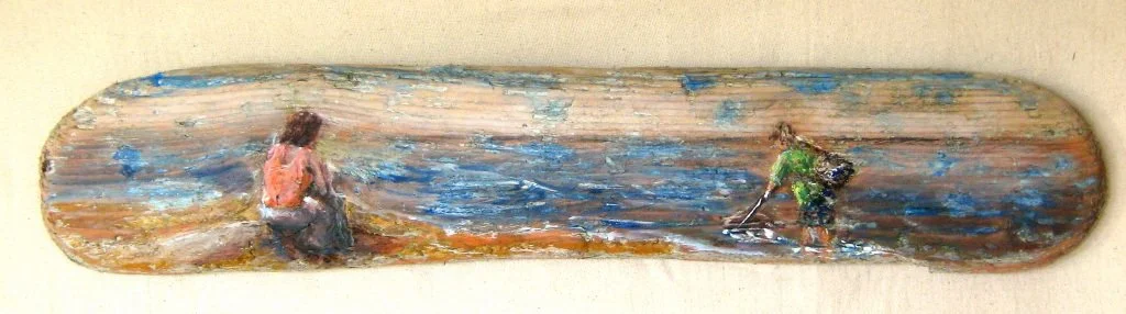 oil painting on driftwood  by Francois Gunning represents a mother watching a teanager fishing for prawns