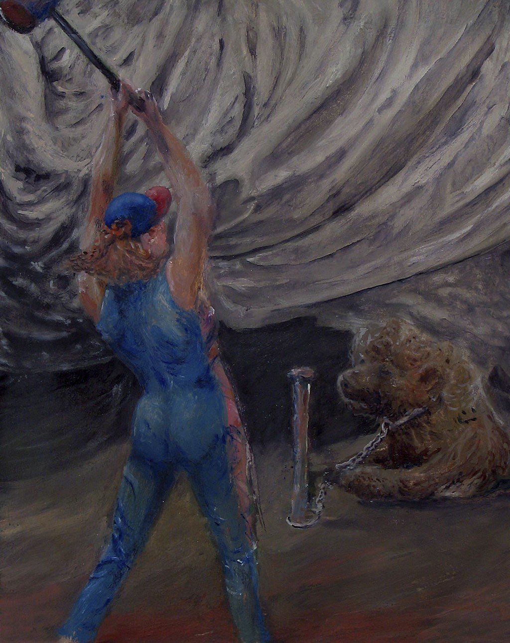 STAKING THE BEAST.Woman driving a stake to hold a circus beast. Gouache on paper