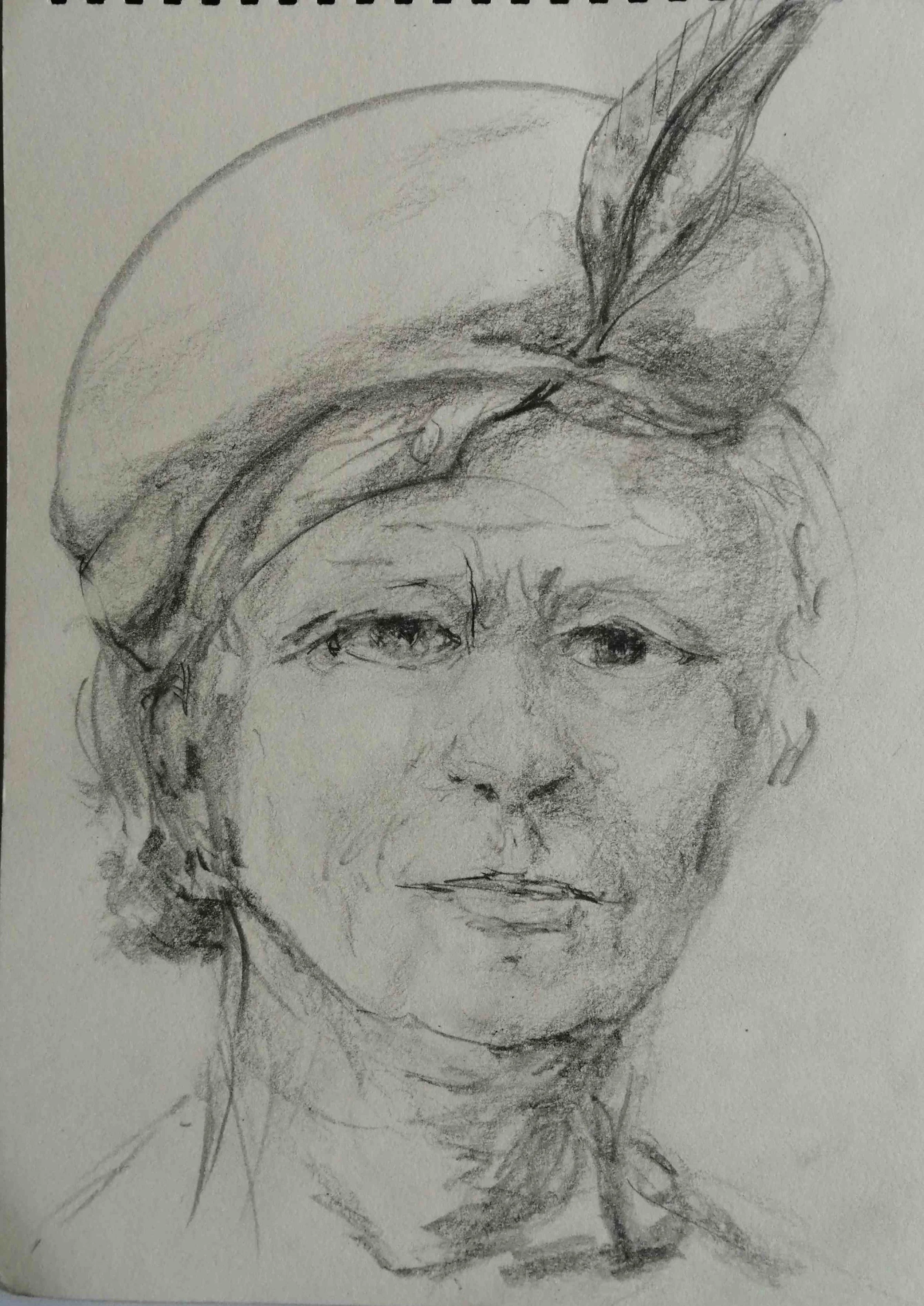 PORTRAIT. Woman with a feathered beret. Charcoal pencil.