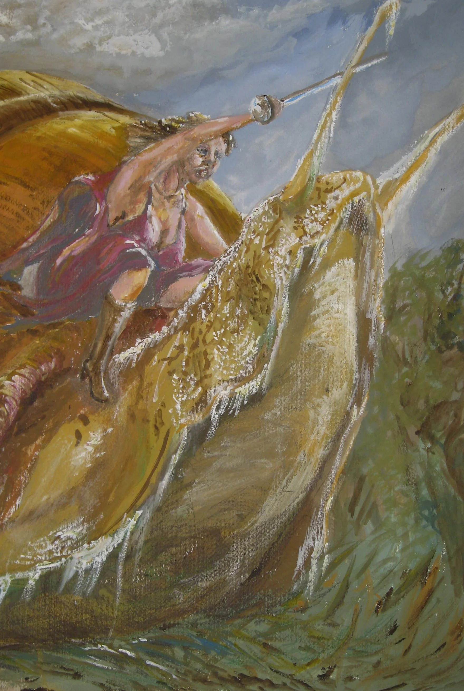 HARD AS SNAIL  A painting of a woman with a sword leading the charge on the back of a giant snail. Gouache on paper