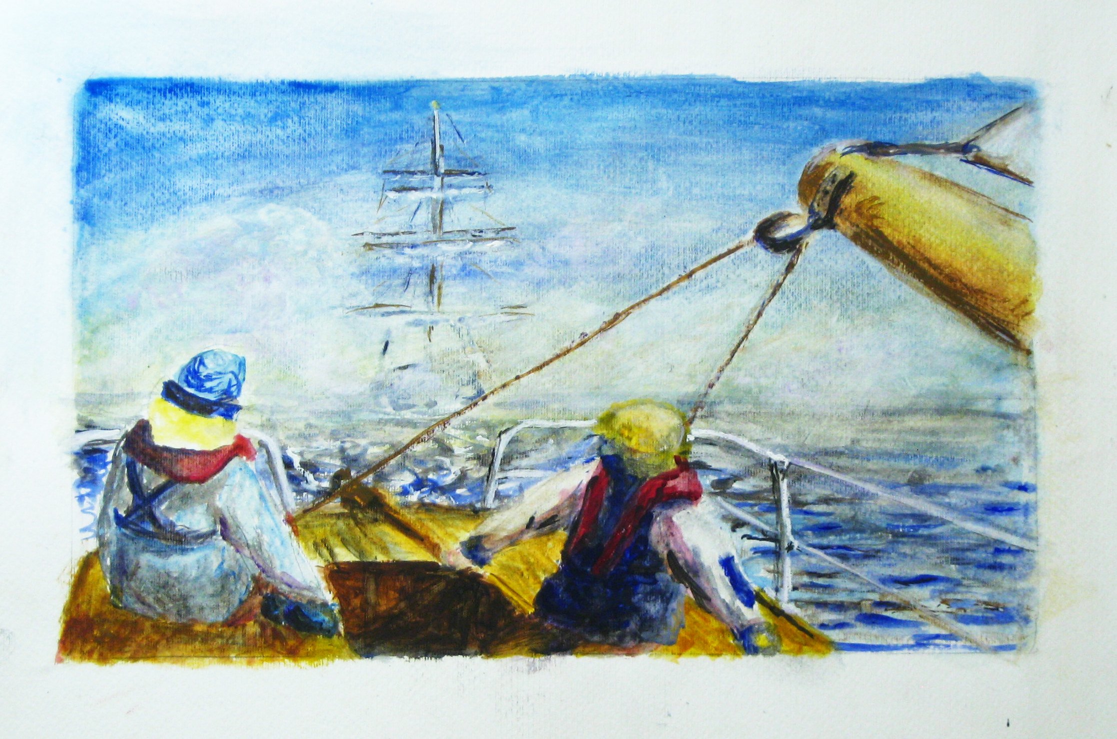 GHOST-SHIP A square rigger bearing on a sailboat from the fog. Oil.